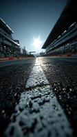 Race track perspective at sunset showcasing the starting line and grandstands with bright sun overhead photo