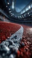 Vibrant track focused on the curve in a modern stadium illuminated under night sky photo
