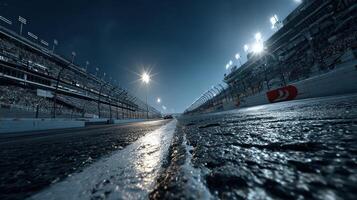 Night race at the speedway with illuminated grandstand and wet track photo