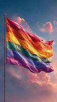 Rainbow flag waving proudly against a colorful sky during sunset celebration of diversity and acceptance photo