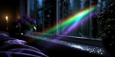 Colorful rainbow light streaming through a window during rainy evening photo