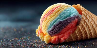Brightly colored ice cream scoop nestled in a waffle cone on a dark textured surface with scattered sprinkles photo