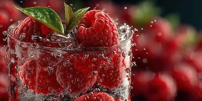 Refreshing raspberry drink with mint leaves in sparkling water at a vibrant summer gathering photo