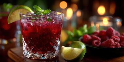 Refreshing cocktail with raspberries and lime served on a bar during a lively evening gathering photo