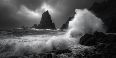 Powerful waves crash against rugged cliffs at the stormy coastline during twilight hours photo