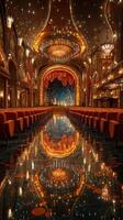 Luxurious theater interior with ornate decor and vibrant lighting during an evening performance photo