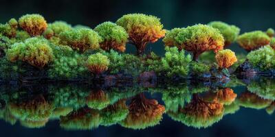 Vibrant moss-covered landscape with colorful trees reflected in tranquil water at dawn photo