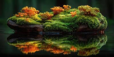 Moss-covered rock with vibrant green and orange plants reflecting in calm water during the golden hour photo