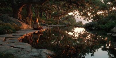Sunset reflections by a serene pond with a woman meditating in a tranquil natural setting photo