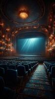 Empty theater interior with illuminated stage and ornate decor during evening performance preparation photo