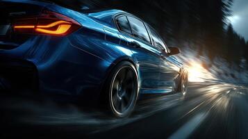 Dynamic blue sports car racing along a wet mountain road at sunset with blurred motion effects photo