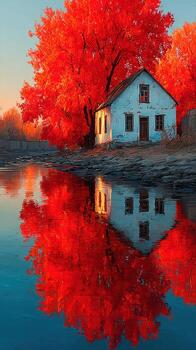 Autumn colors reflect on still waters near an abandoned house in a tranquil riverside setting during sunset photo