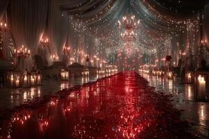 Elegant ballroom decorated with lights and candles for a romantic evening event photo