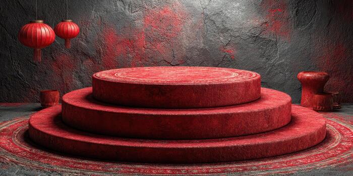 Red circular stage with textured background and hanging lanterns in a dimly lit environment photo