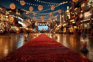 Festive celebration with warm lights and a red carpet at a bustling outdoor event in the evening photo