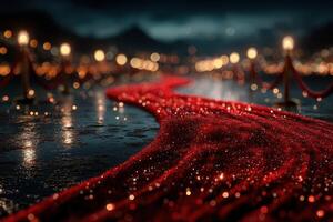 Luxurious red carpet trail leading to elegant event venue amidst a sparkling evening landscape photo