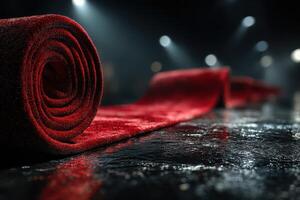 Elegant red carpet unfurled in dimly lit venue, accentuating the glamorous atmosphere of the event photo