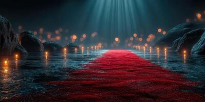 Red carpet leading through a mystical water landscape adorned with soft lighting and reflections at night photo