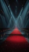 Elegant red carpet venue with dramatic lighting creating a luxurious atmosphere for a special event in a grand hall photo