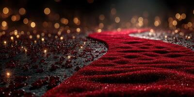 Elegant red carpet adorned with rose petals under warm light creates a romantic atmosphere for an event photo