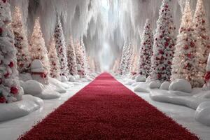 Festive winter wonderland pathway lined with decorated trees and a vibrant red carpet at holiday season photo