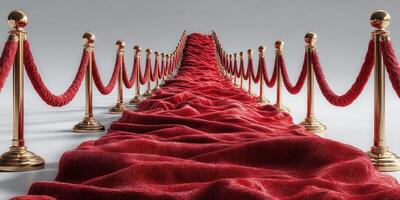 Red carpet pathway leading to an elegant event venue with polished stanchions and golden ropes photo