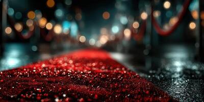 Elegantly lit red carpet leading to an event venue on a rainy night in a bustling city filled with bright lights photo