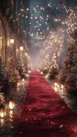 Holiday pathway adorned with festive lights and shimmering decorations in a winter wonderland setting photo