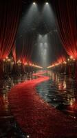 Elegant red carpet event venue with dim lighting and glimmering chandeliers creating a glamorous atmosphere for a special occasion photo