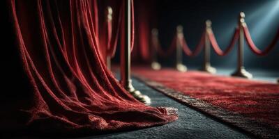 Elegant red carpet entrance with velvet ropes and soft lighting at a gala event in an upscale venue setting photo