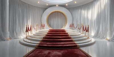 Elegant event space with red carpet and golden accents for special occasions and ceremonies photo
