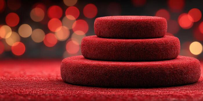 suave rojo circular cojines apilado en un vibrante rojo superficie con borroso vistoso luces en el antecedentes a un noche evento foto