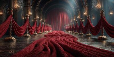 Luxurious red carpet entrance in an opulent hall with velvet drapes and elegant lighting photo