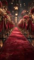 Elegant red carpet lined with golden stanchions leads to a beautifully decorated venue at night photo