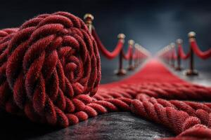 Red velvet ropes create an elegant pathway leading to an unseen destination in a dimly lit venue at night photo