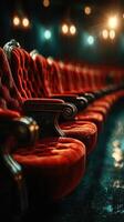 Elegant red velvet theater seats arranged in a dimly lit auditorium with glowing lights photo