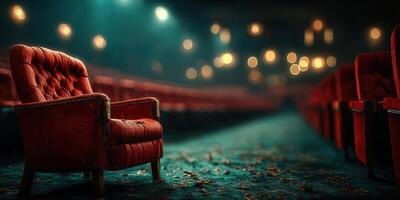 Empty red chair in a dimly lit theater with scattered leaves and soft bokeh lights photo