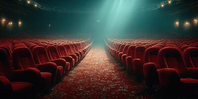 Empty theater with red seats and a spotlight illuminating the center aisle during a quiet evening performance photo