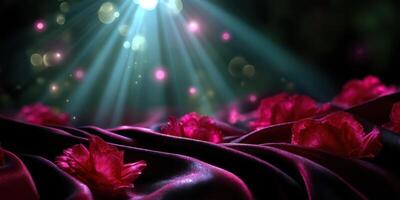 Vivid pink flowers scattered on elegant fabric with soft beams of light illuminating the scene in a tranquil setting photo