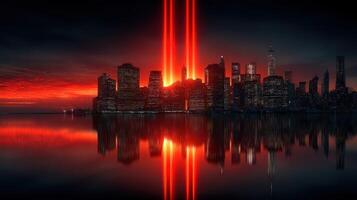City skyline illuminated by striking red beams at sunset over the water photo