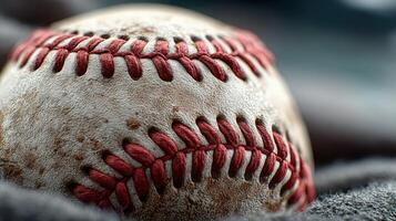 Old baseball resting on a worn gray fabric near a baseball field during a sunny afternoon photo