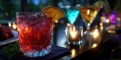 Vibrant cocktails presented on a dimly lit bar during an evening gathering with friends photo