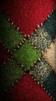 Colorful woven textile showcases intricate patterns and textures in vibrant shades of red, green, and beige photo