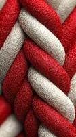 Close-up view of intricately woven red and silver cords highlighting craftsmanship and textile design photo