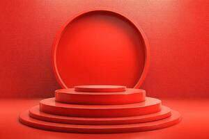 Red circular podium display featuring stacked platforms in a minimalist design for event showcases photo