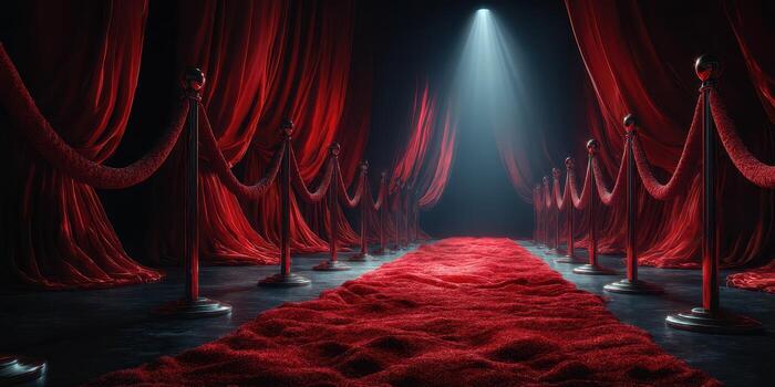Elegant red carpet pathway illuminated by spotlight in a dramatic setting for a prestigious event photo