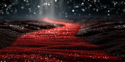 Red sparkling river flows through dark landscape under soft light, creating a mystical atmosphere at twilight photo