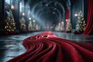 Elegant red fabric drapes on a polished floor in a festive grand hall with holiday lights and decorations during a winter celebration photo