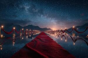 Elegant red carpet path illuminated by lanterns under a starry night sky beside majestic mountains at dusk photo