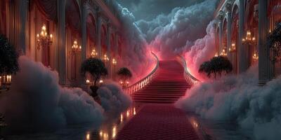 Majestic staircase leads to an enchanting cloud-filled hall during a mysterious night photo